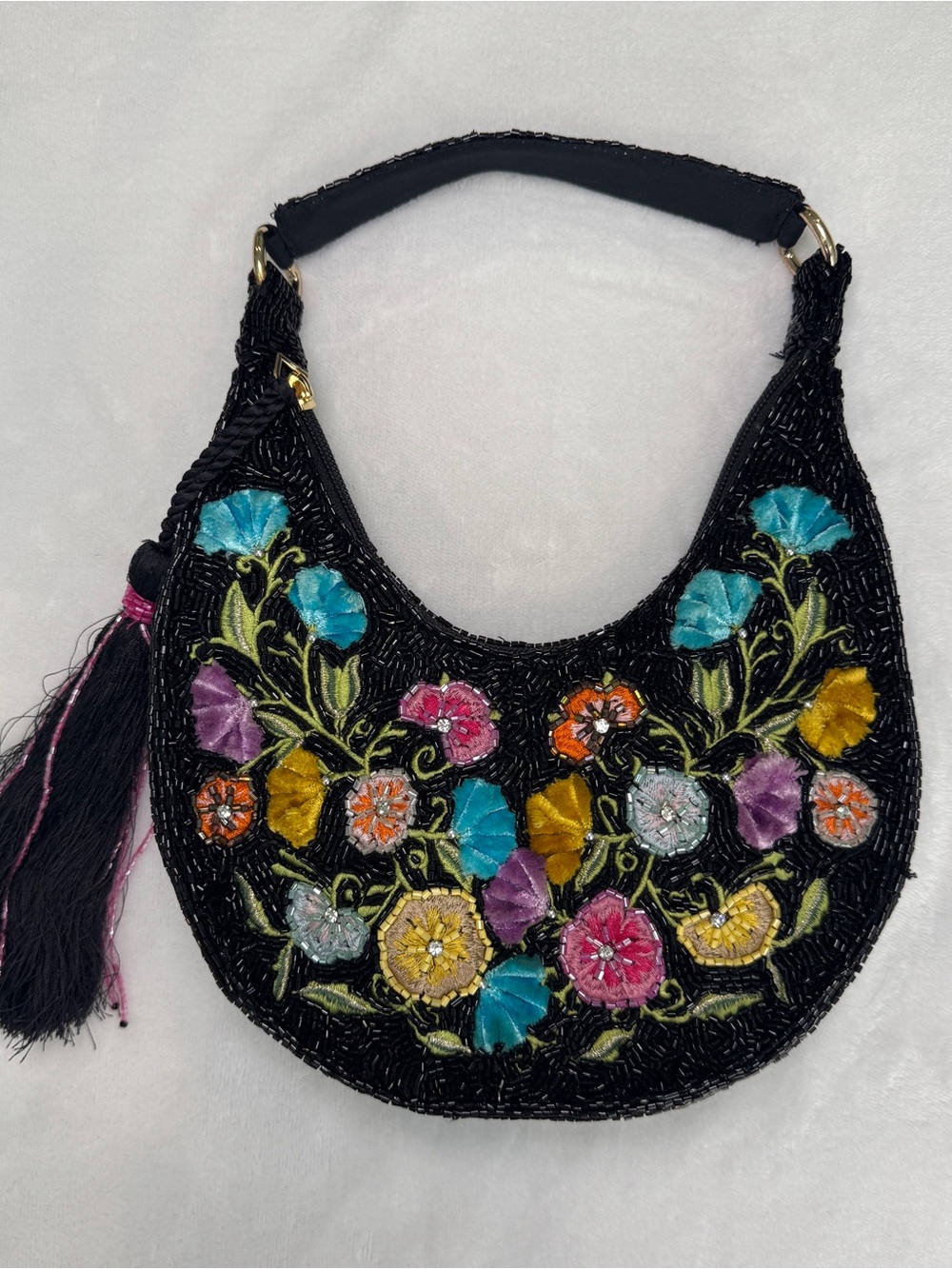 Studio 12 Black Beaded Floral Velvet Shoulder Bag Tassel Y2K
